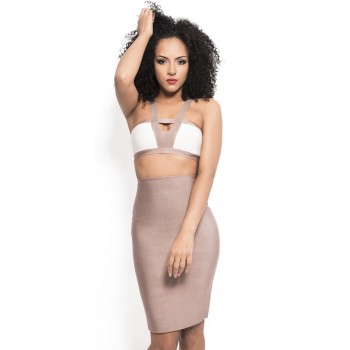 'Sila' nude two piece bandage dress with long sleeves